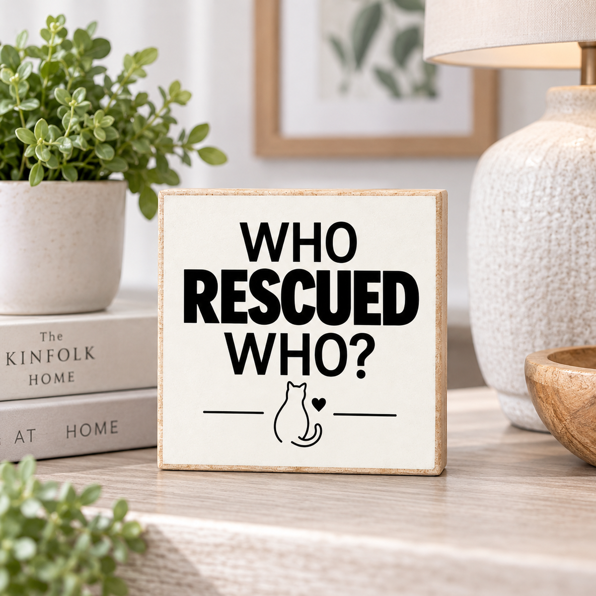 A square wooden sign with a cream face and natural wood edges, printed with the phrase 'WHO RESCUED WHO?' in bold black letters above a simple black cat outline and heart. The sign is styled on a tabletop with a potted plant, books, a lamp, and a wooden bowl in a bright indoor setting.