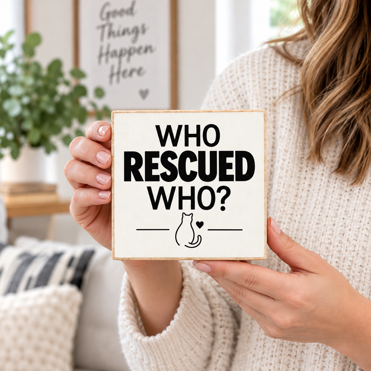 A person in a cream knit sweater holds a square wooden sign with the text 'WHO RESCUED WHO?' and a small cat silhouette in black. The background shows a softly blurred home interior with a plant and framed wall art.