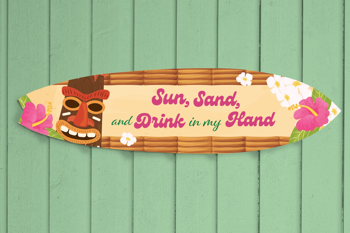 Outdoor Tropical Surfboard and Tiki Bar Sign, Sun Sand Drink in Hand Surfboard, Beach Home Decor, 4 Foot