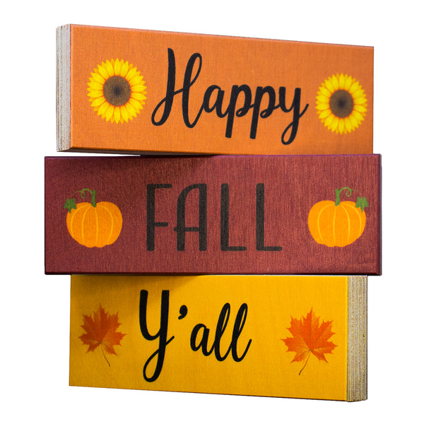 Fall Decor, Happy Fall Y’all Wooden Block Signs, Fall Tiered Tray, Fall Decorations for Home, Autumn Thanksgiving Decorations, Made in USA