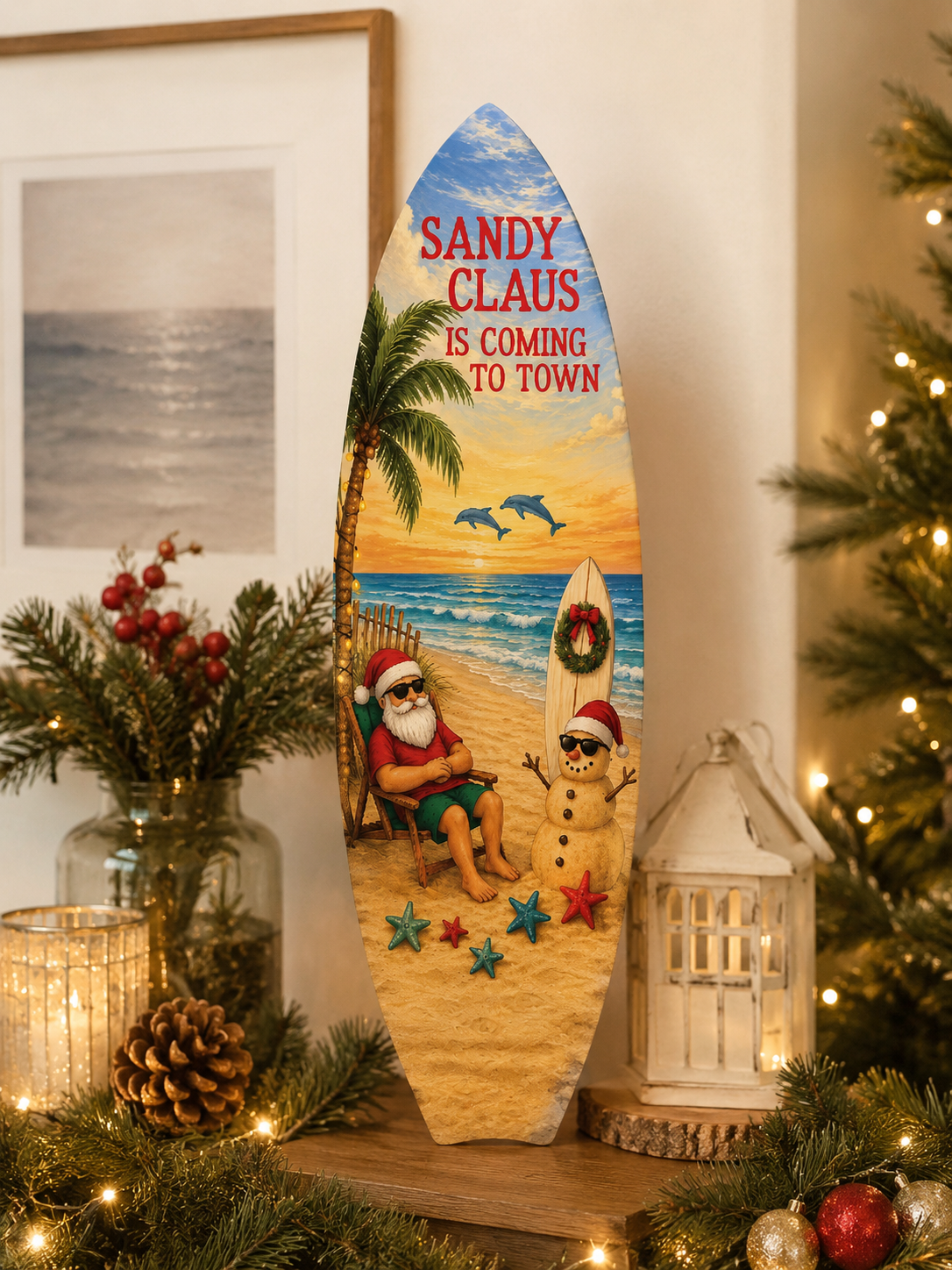 Sandy Claus Christmas Surfboard Wall Art – Outdoor PVC Holiday Decor with Santa Snowman Dolphins