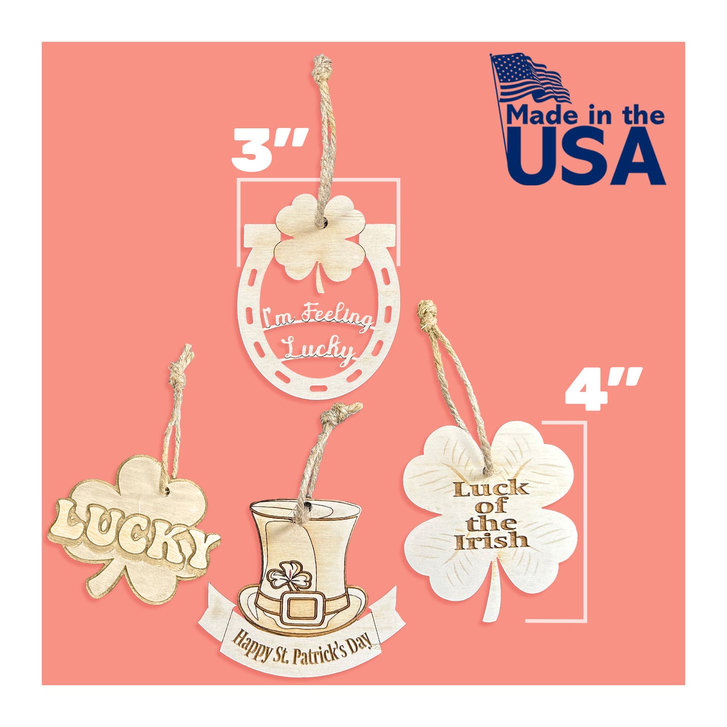 St. Patrick's Day Wooden Ornament Bundle, Set of 4 Unfinished Ornaments for DIY Crafts, Irish Decor and Gifts, Made in USA