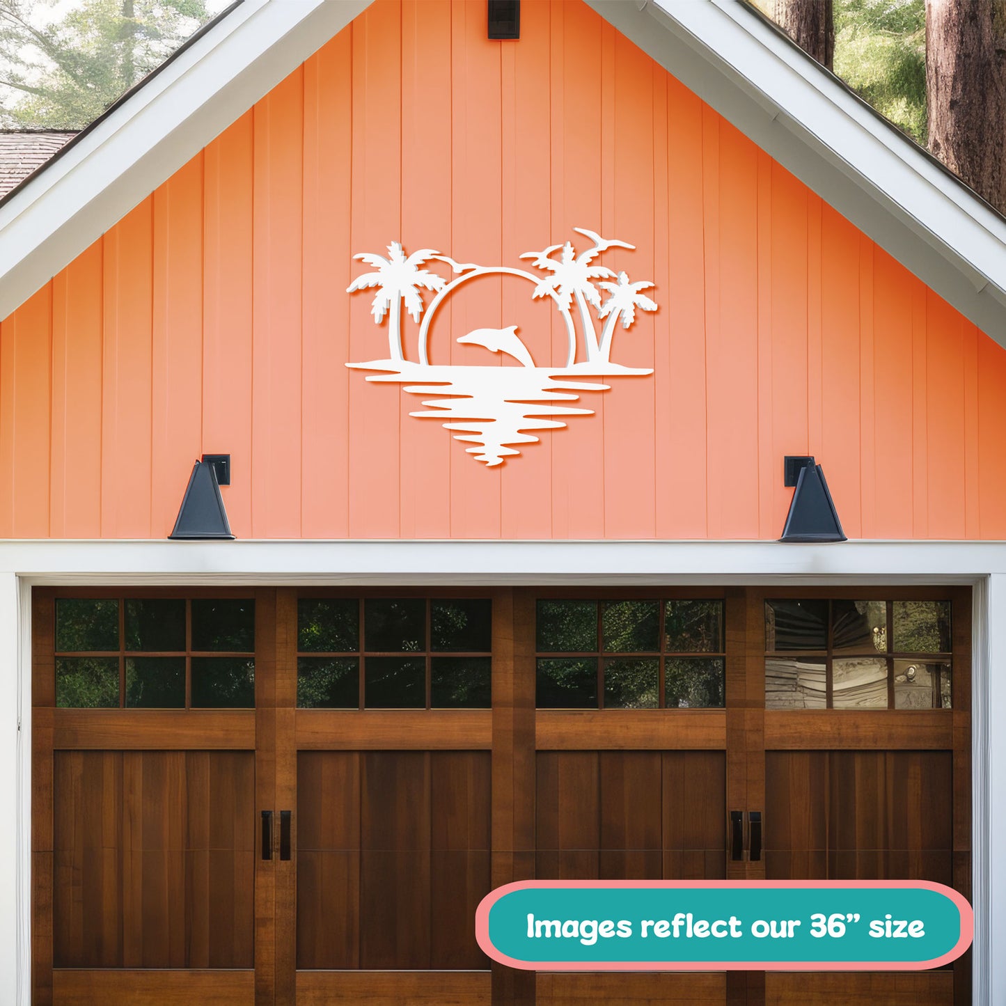 Outdoor Dolphin Wall Art, Coastal Wall Decor for Beach House, White PVC Dolphin Sign with Palm Trees Sunset, 3 Foot