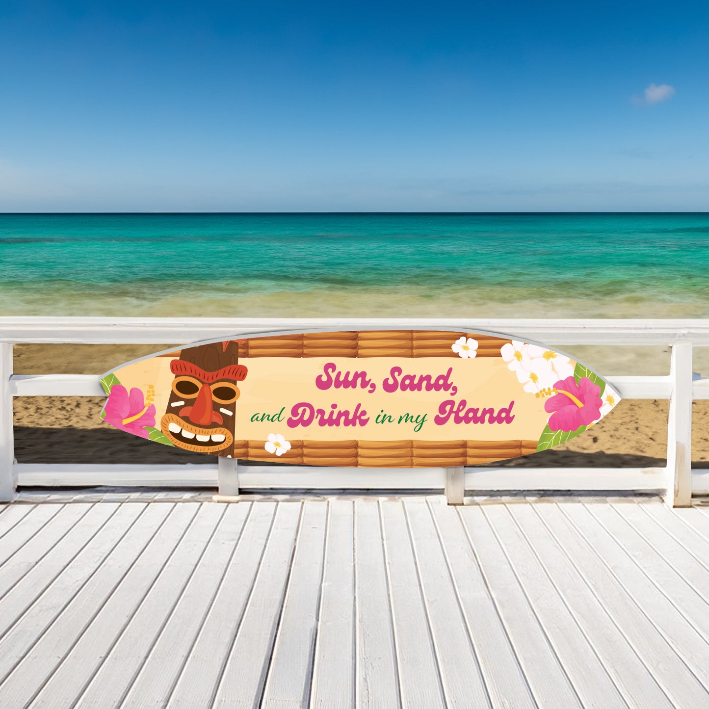 Outdoor Tropical Surfboard and Tiki Bar Sign, Sun Sand Drink in Hand Surfboard Design, Beach and Coastal Home Decor, 3 Foot
