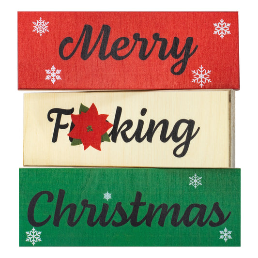 JennyGems Inappropriate Funny Christmas Gifts, Funny Christmas Decorations, Set Of 3 Merry Christmas Wood Blocks, Christmas Decor, Tiered Tray Decor, Mantel Decor, Stocking Stuffers
