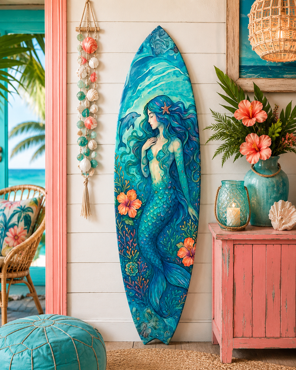 Mermaid Watercolor Surfboard Wall Art, Weatherproof Coastal Indoor Outdoor Decor
