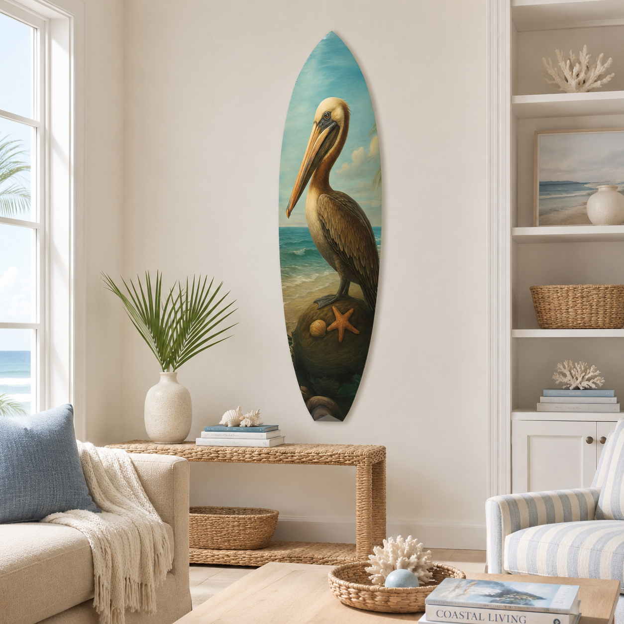 Pelican Surfboard Wall Art, Coastal Bird Decor, Beach House Sign