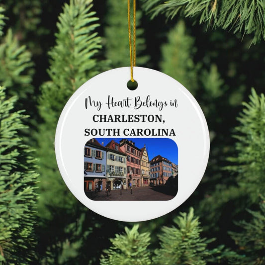 My Heart Belongs in Charleston SC Ornament, Rainbow Row Ceramic Christmas Tree Decoration, Charleston Souvenir, South Carolina Gift