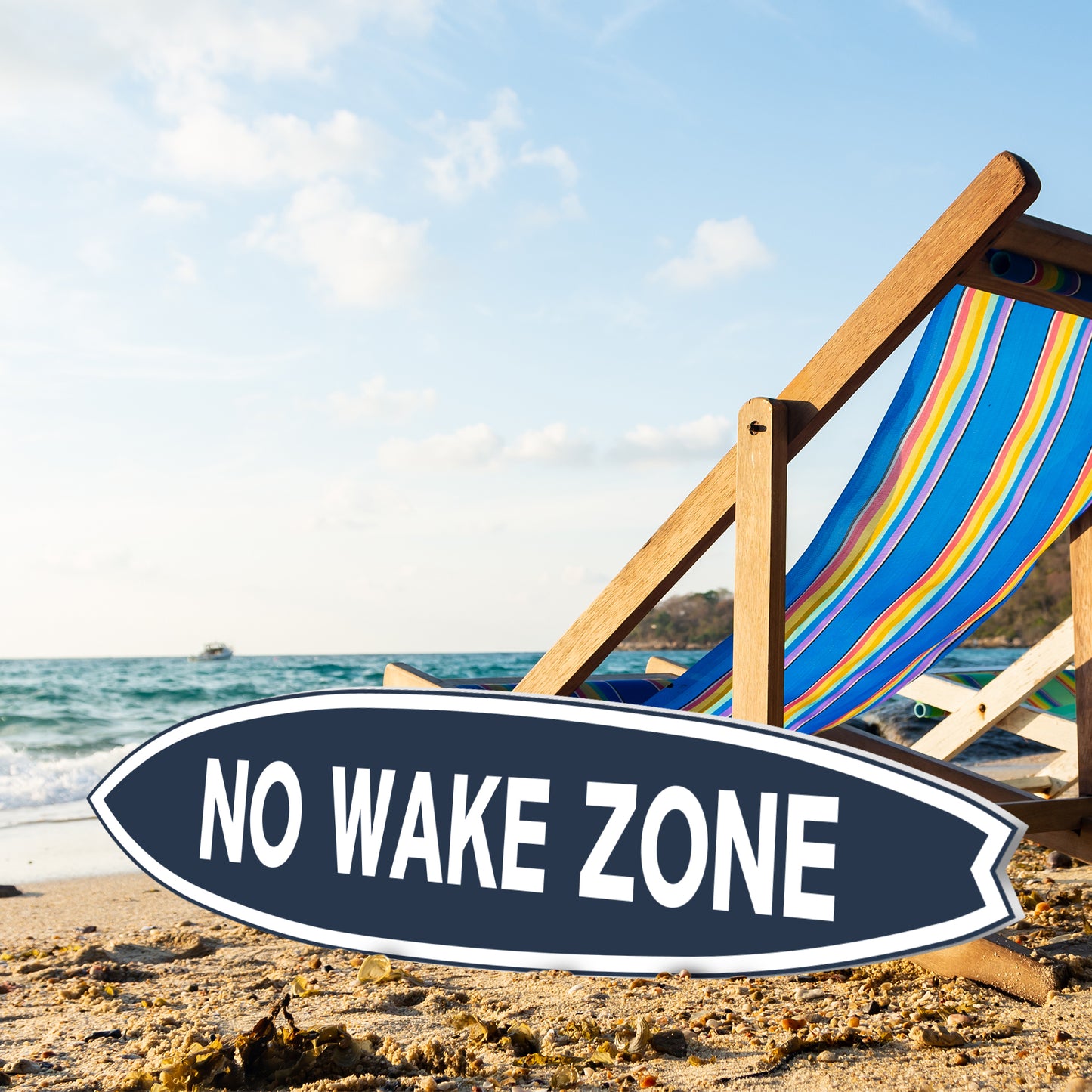 Outdoor No Wake Zone Surfboard Wall Art, Surfboard Sign, PVC for Outside and Inside, Blue and White Nautical Design, 5 Foot