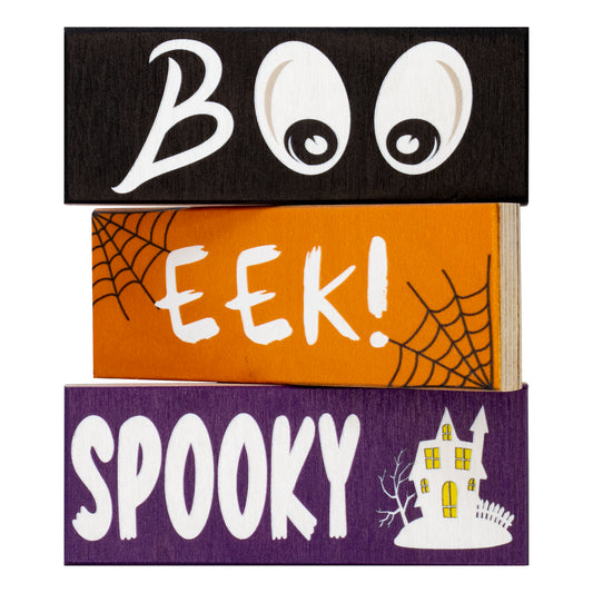 JennyGems Halloween Decorations, Boo Eek Spooky Mini Wooden Block Signs, Halloween Tiered Tray Decor, Halloween Party Decorations, Made in USA