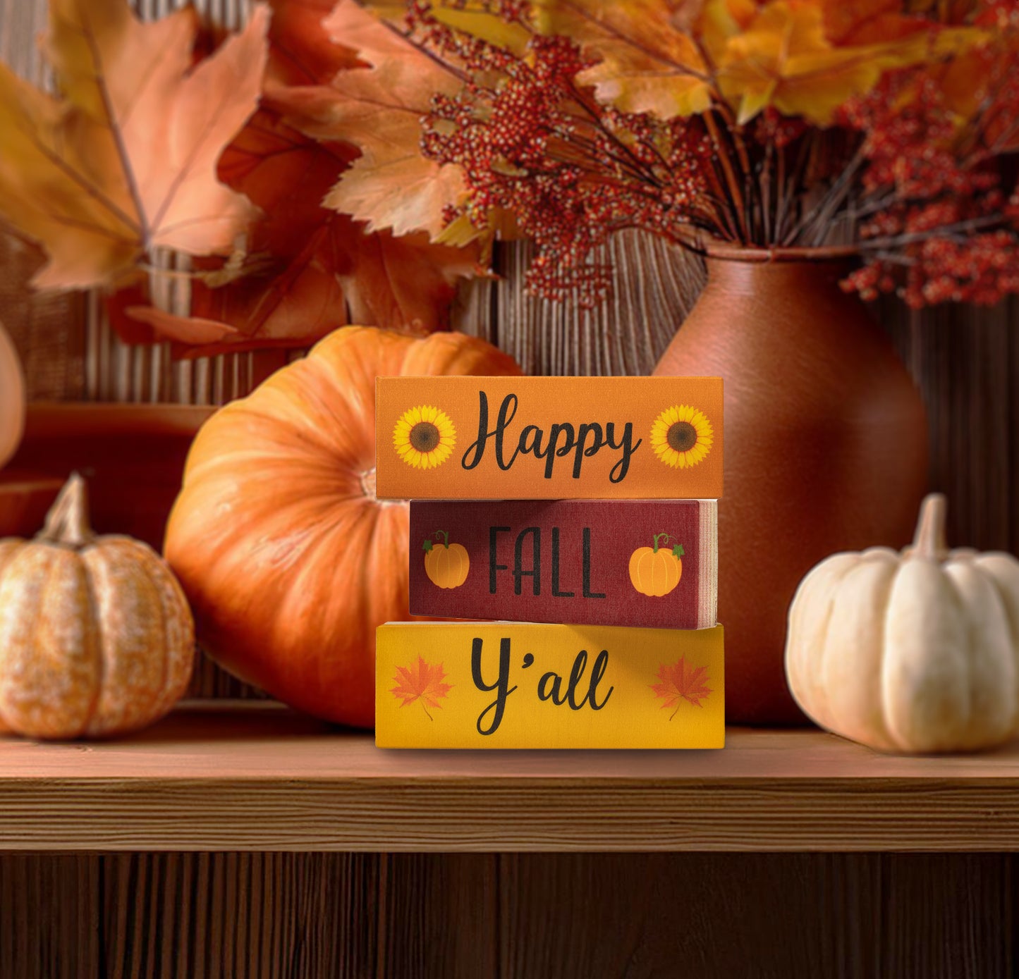 JennyGems Fall Decor, Happy Fall Y’all Wooden Block Signs, Fall Tiered Tray, Fall Decorations for Home, Autumn Thanksgiving Decorations, Maple Leaf Pumpkin, Made in USA