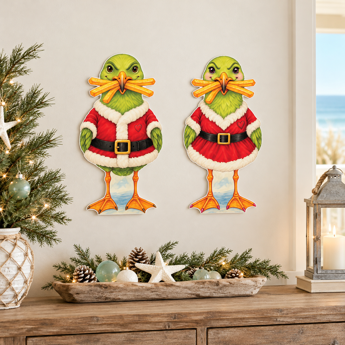 Green Santa Yard Signs, Set of 2, Coastal Beach Christmas, 12 Inch PVC Sully & Sally