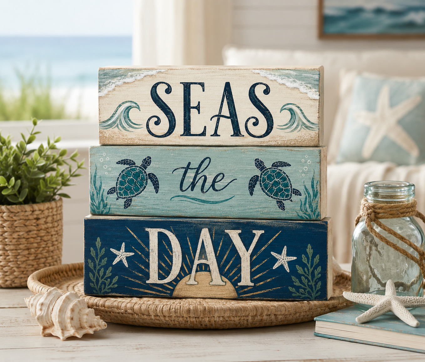 Seas the Day Coastal Wood Block Set – 3-Piece Beach Decor, Nautical Home Accent for Shelf, Desk, or Table