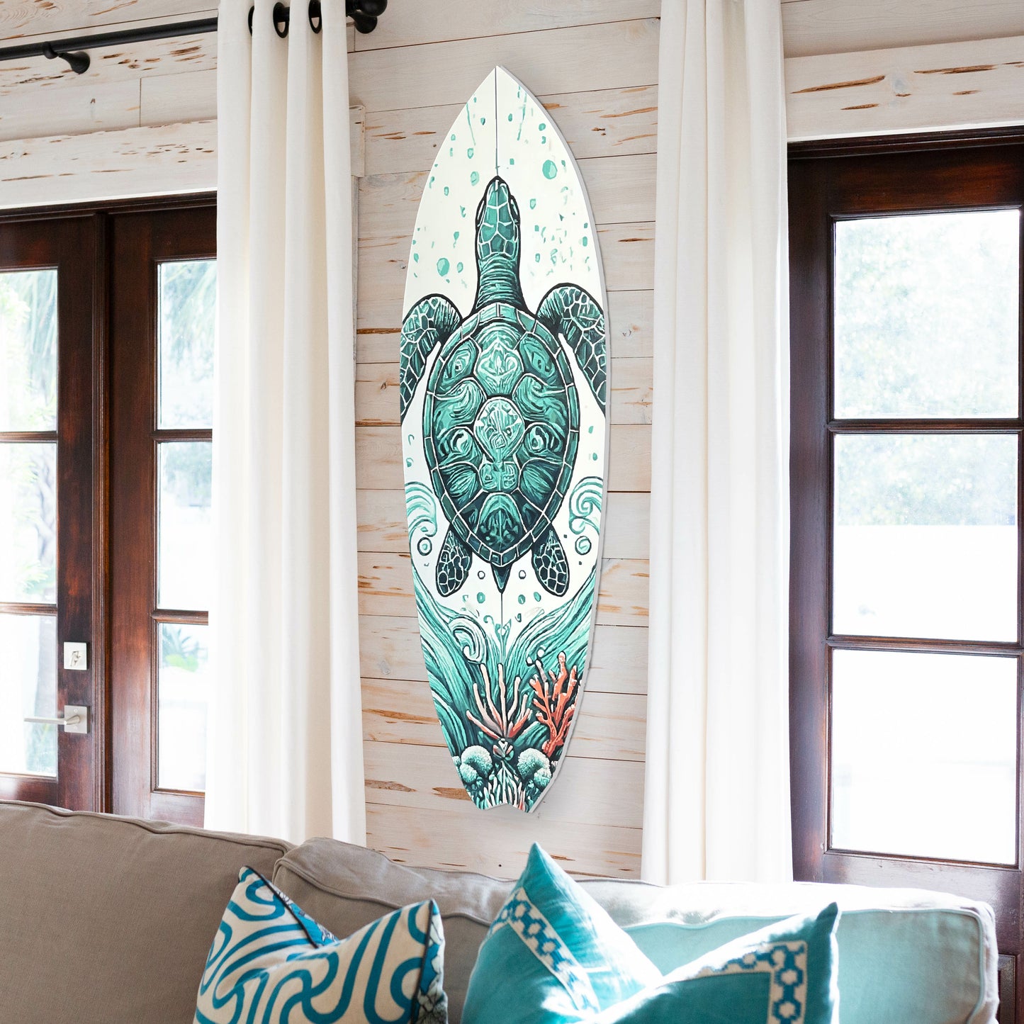 Decorative Outdoor Turtle Surfboard Wall Art, PVC, Weather Resistant, 5 Foot