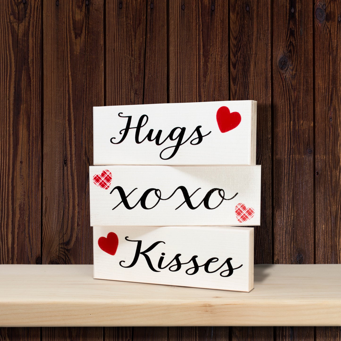 Valentines Day Decorations, Hugs Kisses Valentines Sign Decor Gift, 3 Pieces Mini Wood Block Set, Valentine's Decor, Valentine's Day Tiered Tray Table Decorations