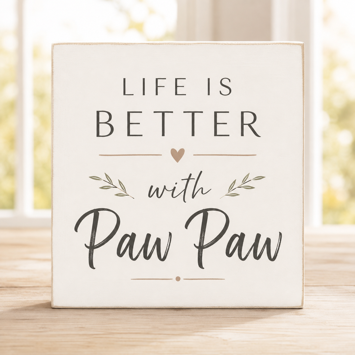 A square cream-colored wooden sign with the text 'LIFE IS BETTER with Paw Paw' in dark gray lettering, featuring a small heart and leaf illustrations, displayed on a light wooden surface with a blurred window background.