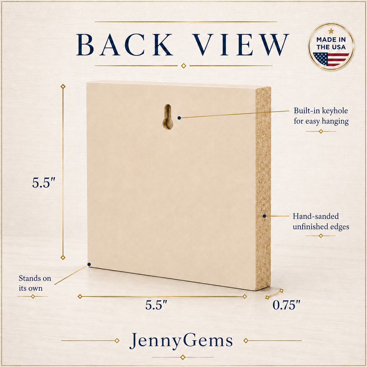 Back view diagram of a framed wall art panel with dimensions labeled 5.5 inches by 5.