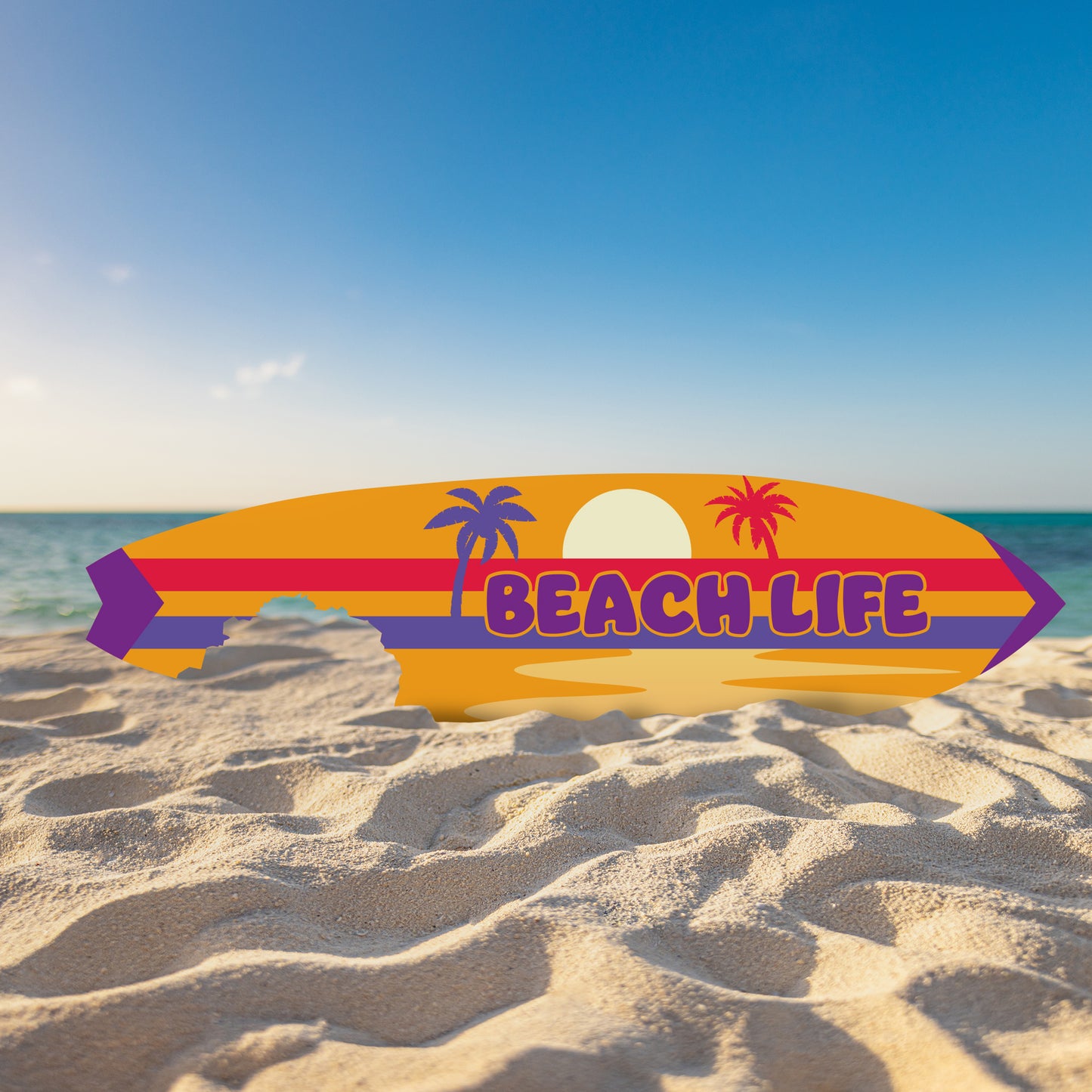 Outdoor Beach Life Surfboard Wall Art with Shark Bite, Nautical Beach Decor, Surfboard Sign Outside Inside, Weather Resistant, 5 Foot