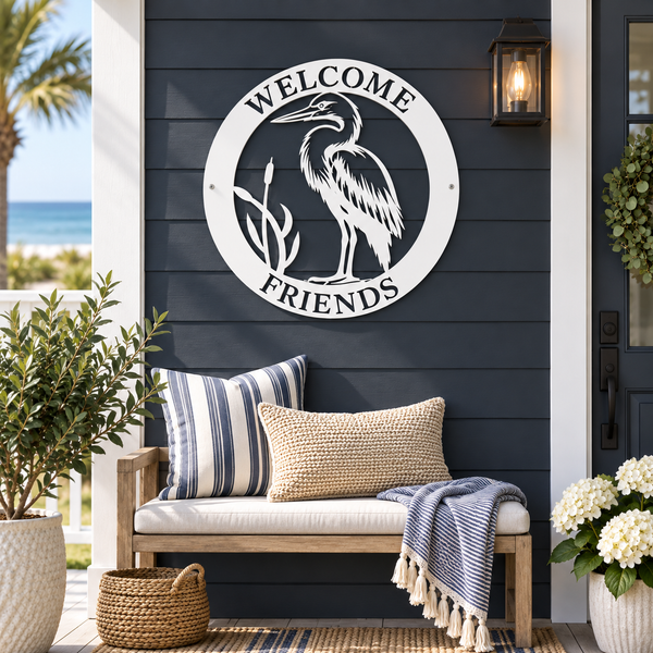 Welcome Friends Egret Heron Sign: Coastal Cottage PVC Wall Decor