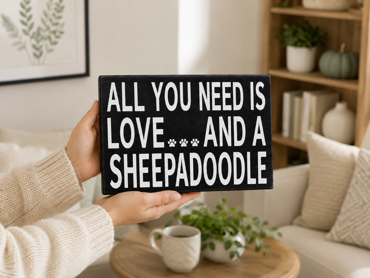 A person in a cream knit sweater holds a black rectangular sign with white text that reads, 'ALL YOU NEED IS LOVE.