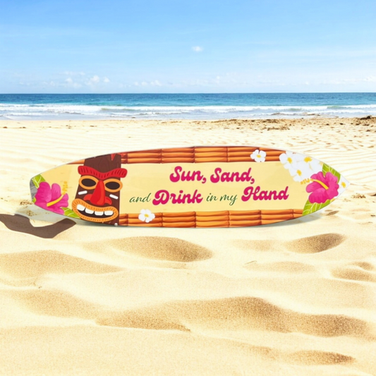 Outdoor Tropical Surfboard and Tiki Bar Sign, Sun Sand Drink in Hand Surfboard Design, Beach and Coastal Home Decor, 3 Foot