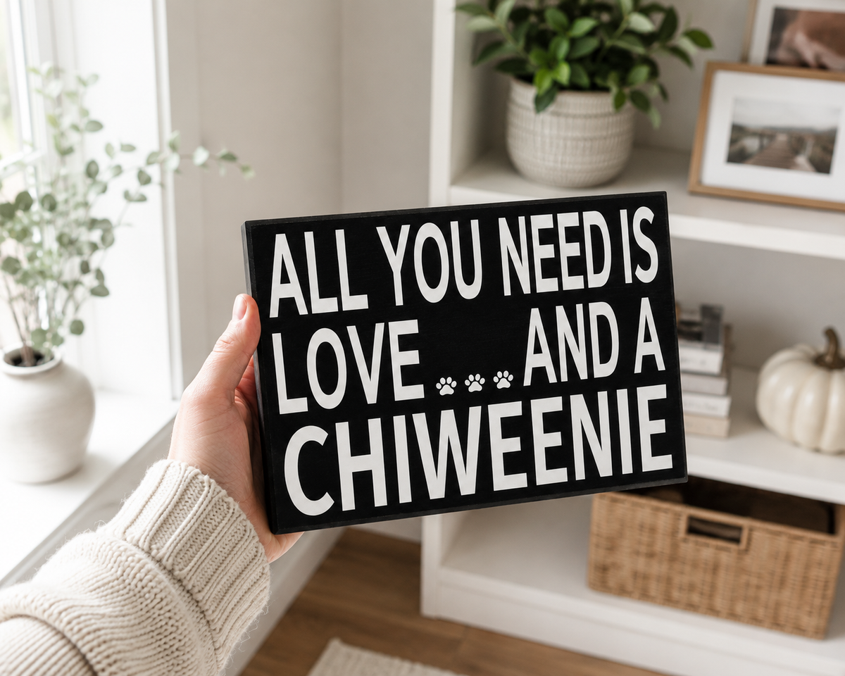 A hand in a cream knit sweater holds a black rectangular sign with bold white text reading 'ALL YOU NEED IS LOVE.