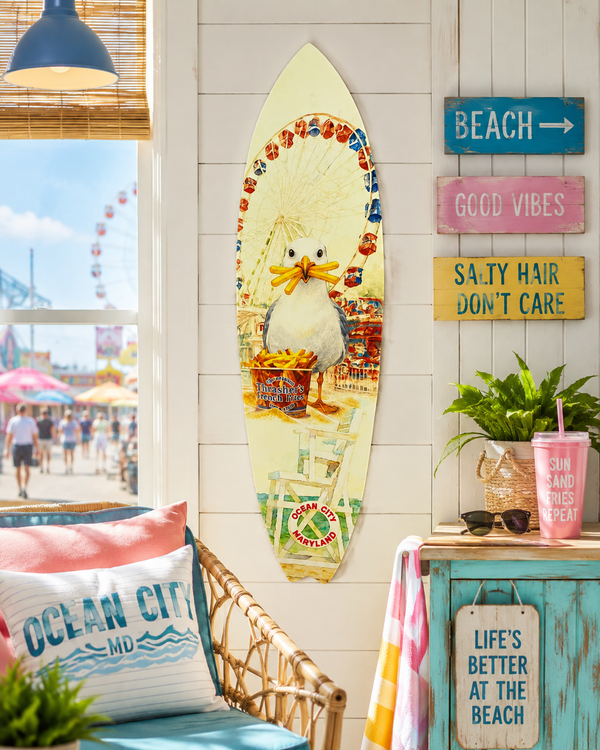 Ocean City Surfboard Wall Art: Seagull & Fries - Coastal Beach House Decor