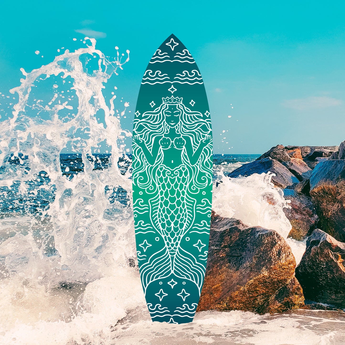 Outdoor Mermaid Surfboard Wall Art – Weatherproof PVC – Coastal Mermaid Sign for Beach House or Pool Area – Nautical Ocean Accent, Green 4ft