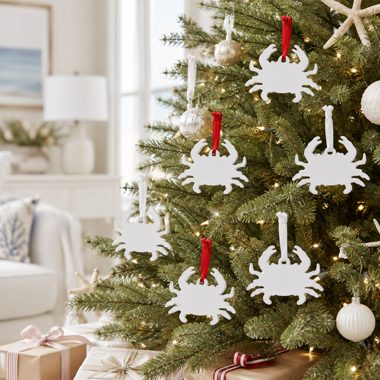 PVC Crab Christmas Ornaments: Coastal Decor with Red Ribbon (Set of 12)