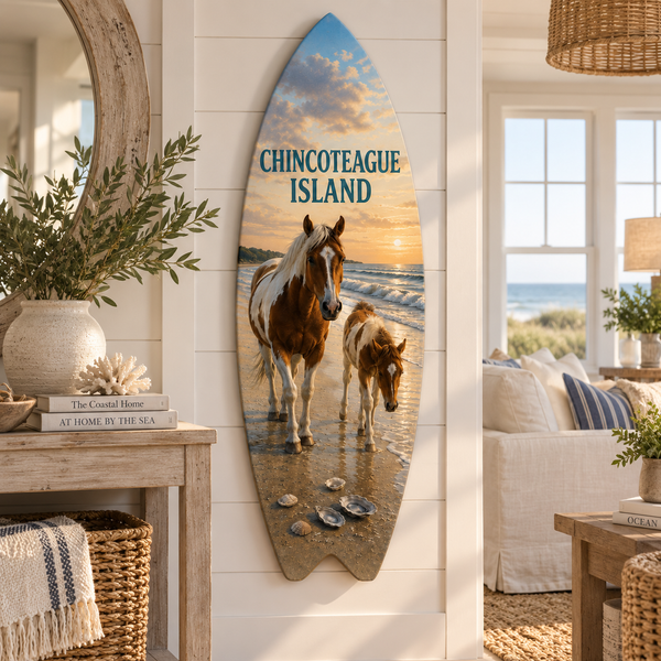Chincoteague Island Surfboard Wall Art: Ponies & Oysters, Coastal Decor