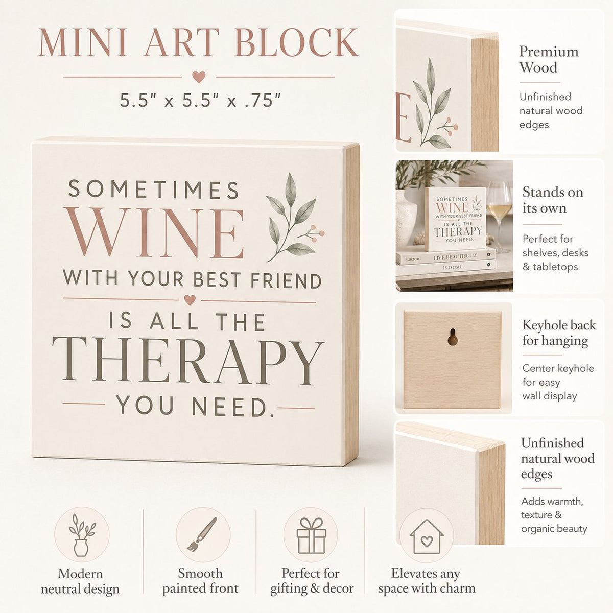 A mini art block display featuring a cream-colored wooden block with a humorous quote about wine and therapy, surrounded by informational callouts, a small inset photo of the block on a shelf, and feature icons at the bottom.