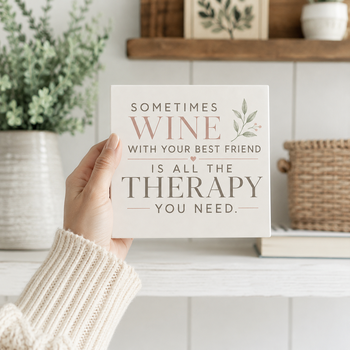 A hand in a cream knit sweater holds a square decorative sign that reads, 'SOMETIMES WINE WITH YOUR BEST FRIEND IS ALL THE THERAPY YOU NEED.' The sign is shown in a bright, styled home setting with a blurred plant, basket, and shelf in the background.