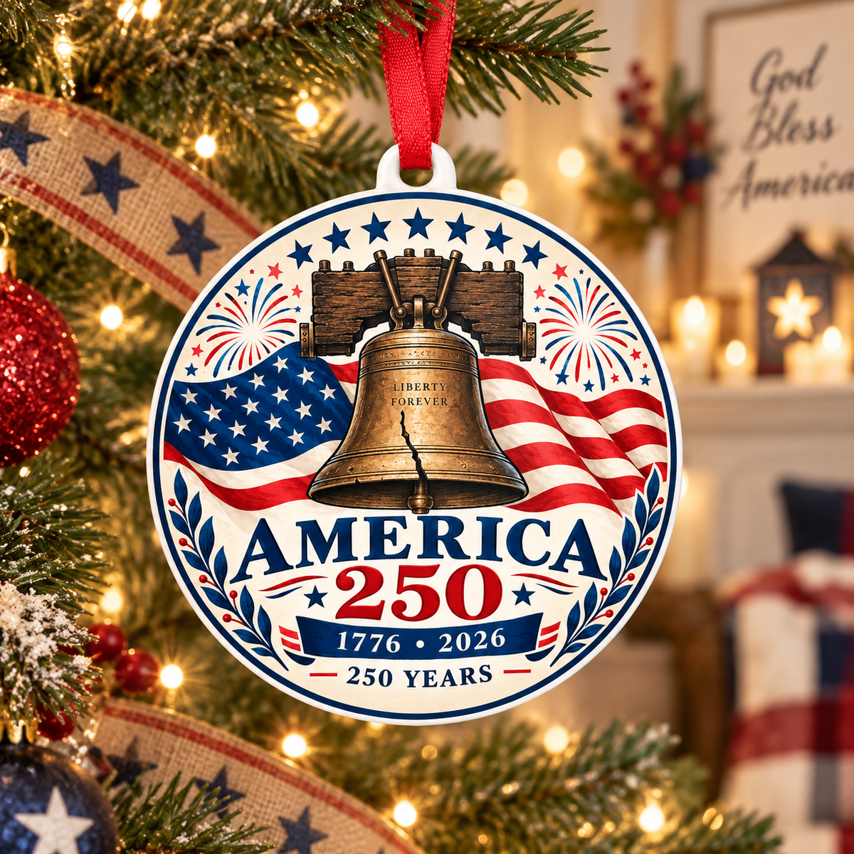 America 250th Anniversary Ornament 1776-2026, Liberty Bell Patriotic Christmas Ornament, USA 250 Keepsake, American Gift