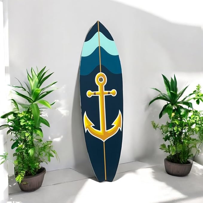 Outdoor Nautical Anchor Surfboard Wall Art, Navy Blue and Teal, Indoor Outdoor, 3 Foot