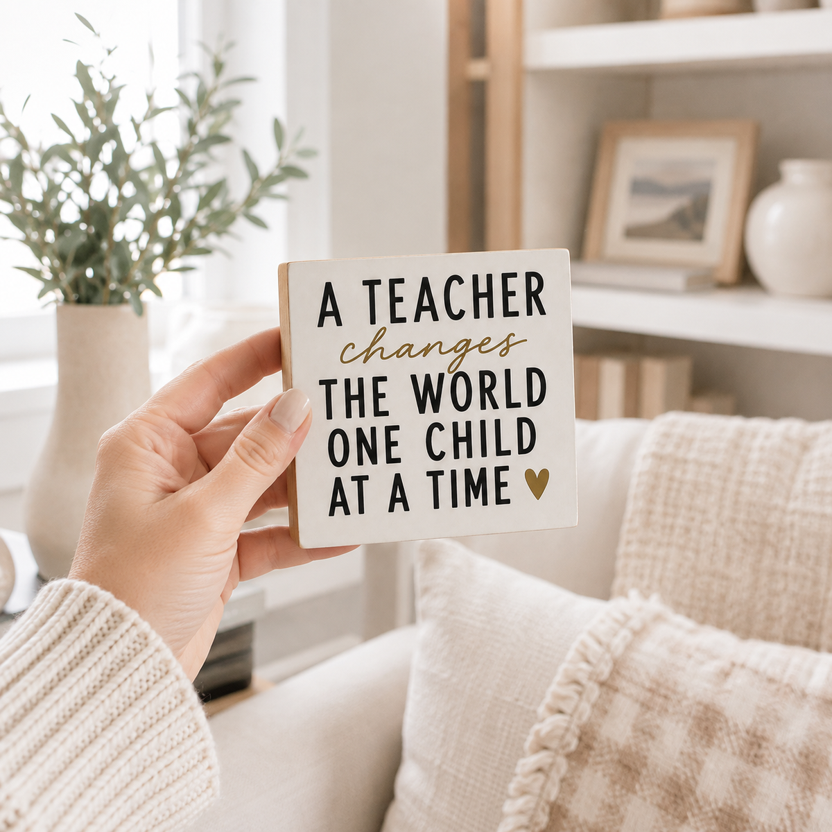 A hand holding a square white wooden sign with the text 'A TEACHER changes THE WORLD ONE CHILD AT A TIME' in black and gold lettering, set against a cozy living room background with a sofa and bookshelf.