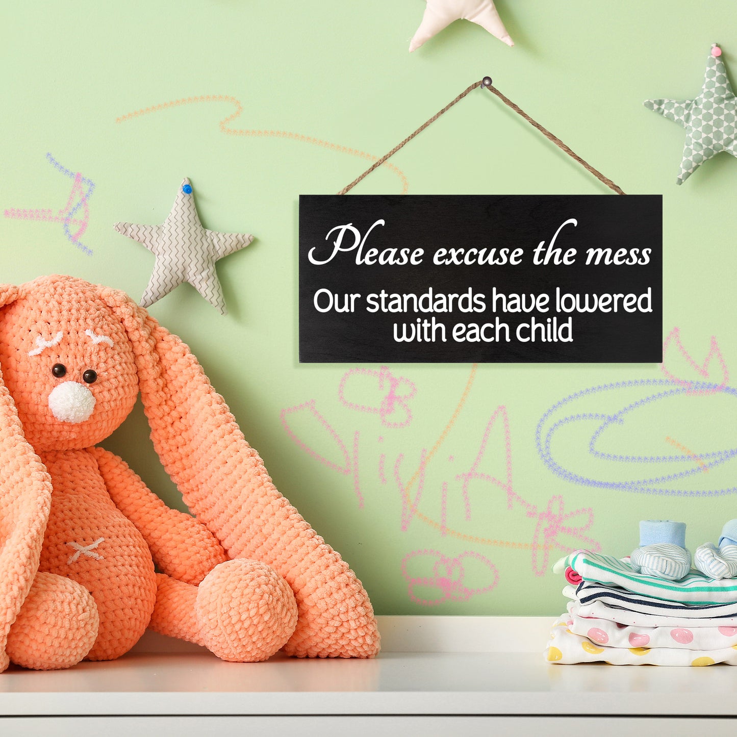 JennyGems Please Excuse The Mess Our Standards Have Lowered with Each Child Wooden Sign
