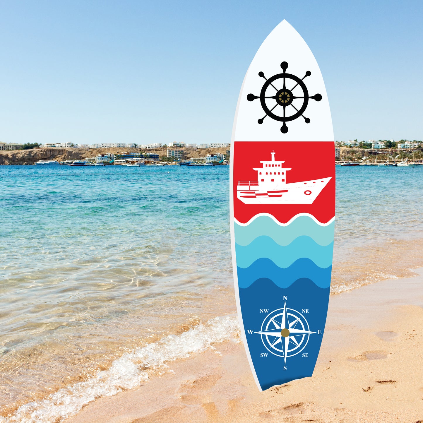 Outdoor Nautical Ship and Compass Surfboard Wall Decor, PVC, Surfboard Sign, Indoor and Outdoor, 5 Foot