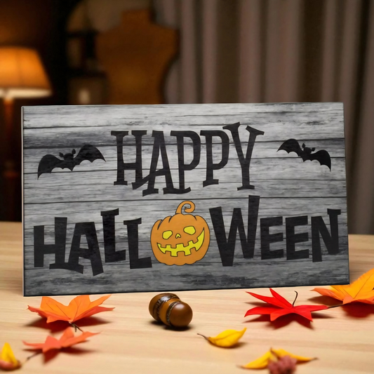 Rustic Happy Halloween Sign – Farmhouse Wooden Style Pumpkin and Bat Décor, Fall Mantel or Shelf Decoration, Halloween Gift