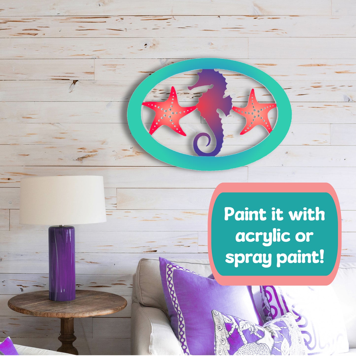 Outdoor Seahorse and Starfish Wall Art – Oval Beach House Decoration, Weatherproof PVC – Coastal Decor for Porch, Shed, Pool Area or Fence, 18 Inch