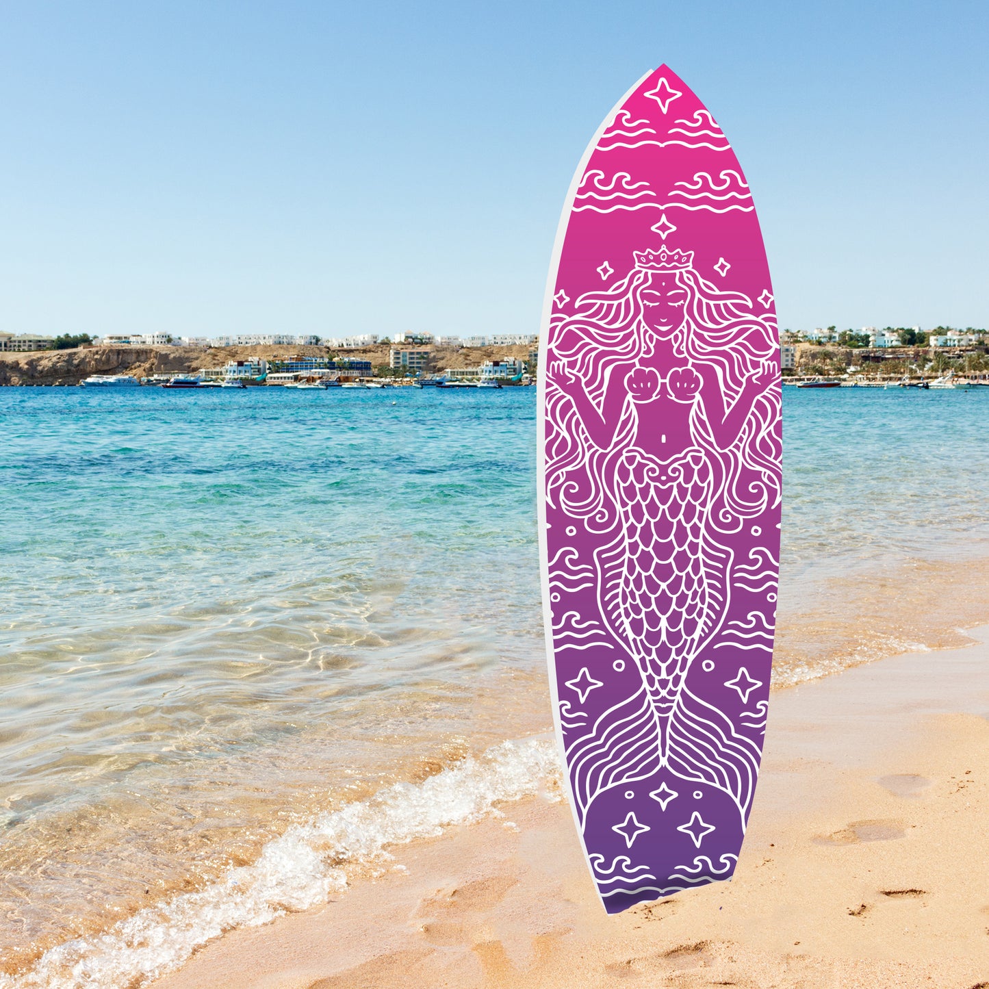 Outdoor Mermaid Surfboard Wall Art – Weatherproof PVC – Coastal Mermaid Sign for Beach House or Pool Area – Nautical Decor, Pink 5 Foot