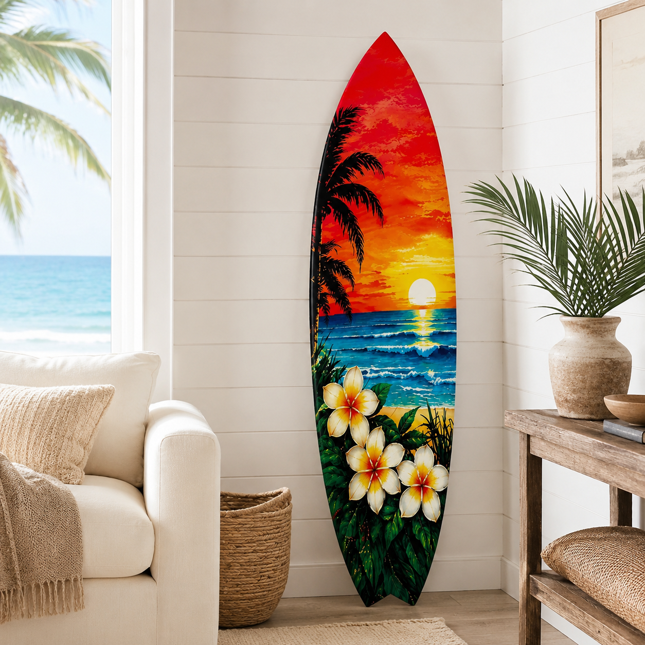 Tropical Surfboard with Palm Trees and Plumeria Flowers