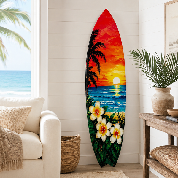 Tropical Surfboard with Palm Trees and Plumeria Flowers