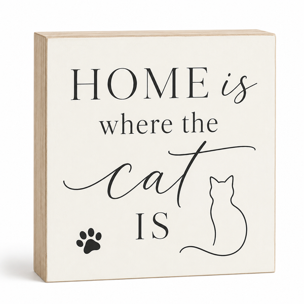 A square decorative wall sign with a light natural wood edge and an off-white face, printed with the phrase “HOME is where the cat IS” in black serif and script text, plus a small paw print and cat silhouette.