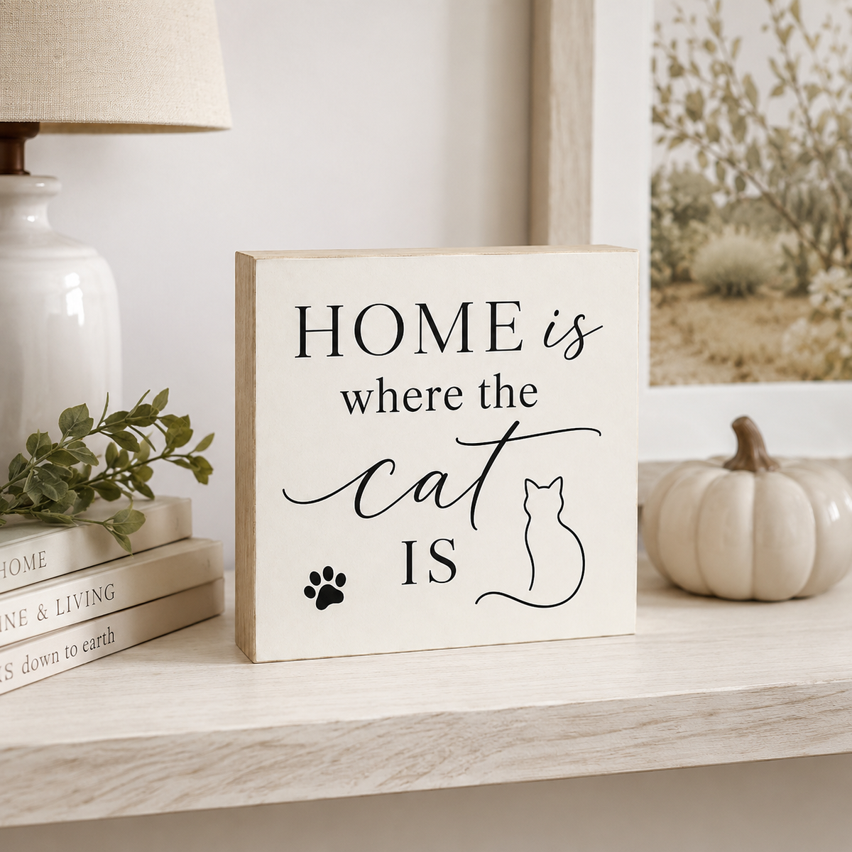 A square wooden sign with the phrase 'HOME is where the cat IS' in black lettering, styled on a light wood shelf next to a lamp, books, a small plant, and a cream pumpkin.