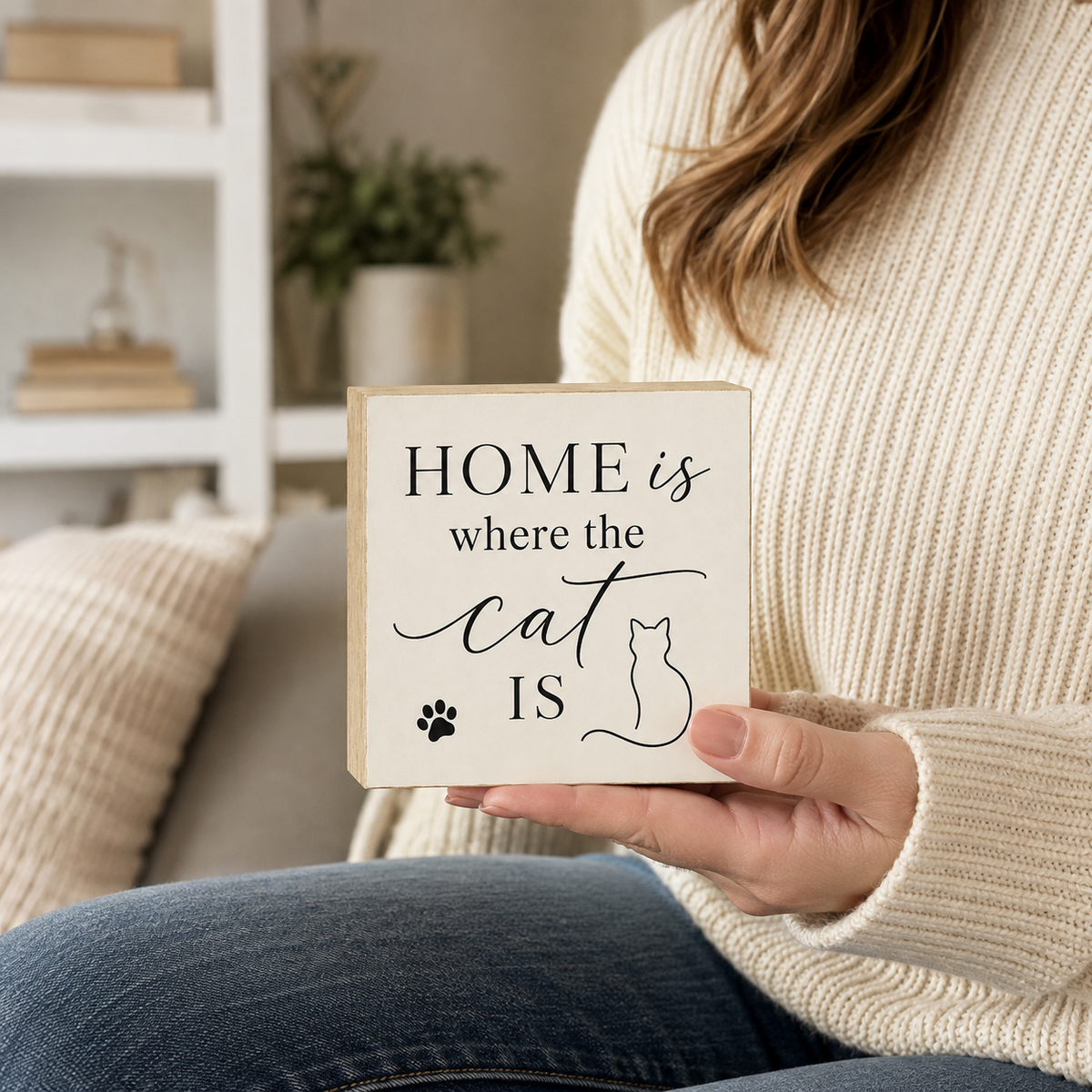 A person in a cream knit sweater holds a square wooden sign that reads “HOME is where the cat IS” with a simple cat silhouette and paw print. The photo is taken in a softly lit living room setting.