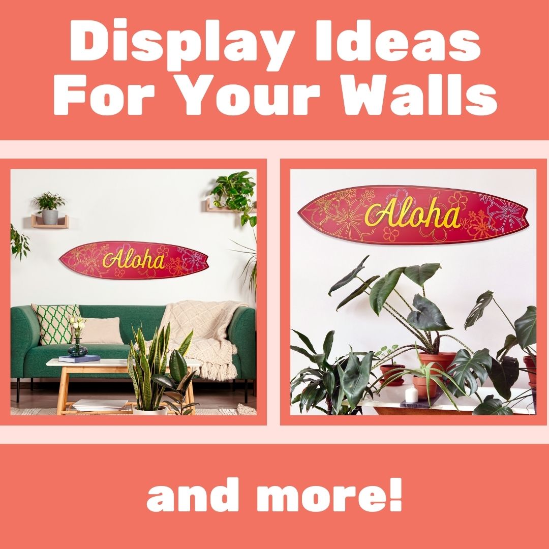 Outdoor Decorative Surfboard Wall Art in Fuchsia Color, Weather Resistant PVC, Aloha Design, Indoor Outdoor, 3 Foot
