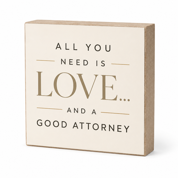 A square decorative block sign with a cream face and natural wood sides, printed with the phrase 'ALL YOU NEED IS LOVE.
