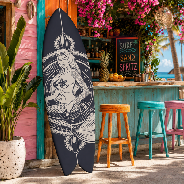 Mermaid Surfboard Wall Art: Weatherproof PVC Beach House Decor, Risque