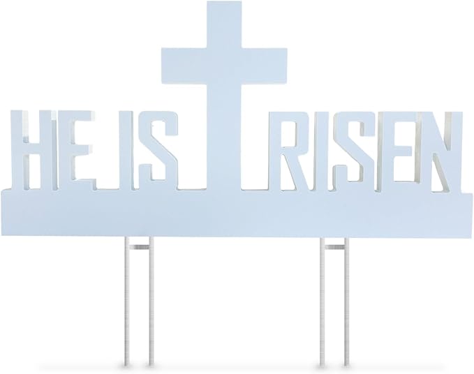 He Is Risen Outdoor Yard Sign – Easter Decorations, Weatherproof PVC with Metal Stakes, 2' x 1', for Yard, Church, or Garden Décor, White