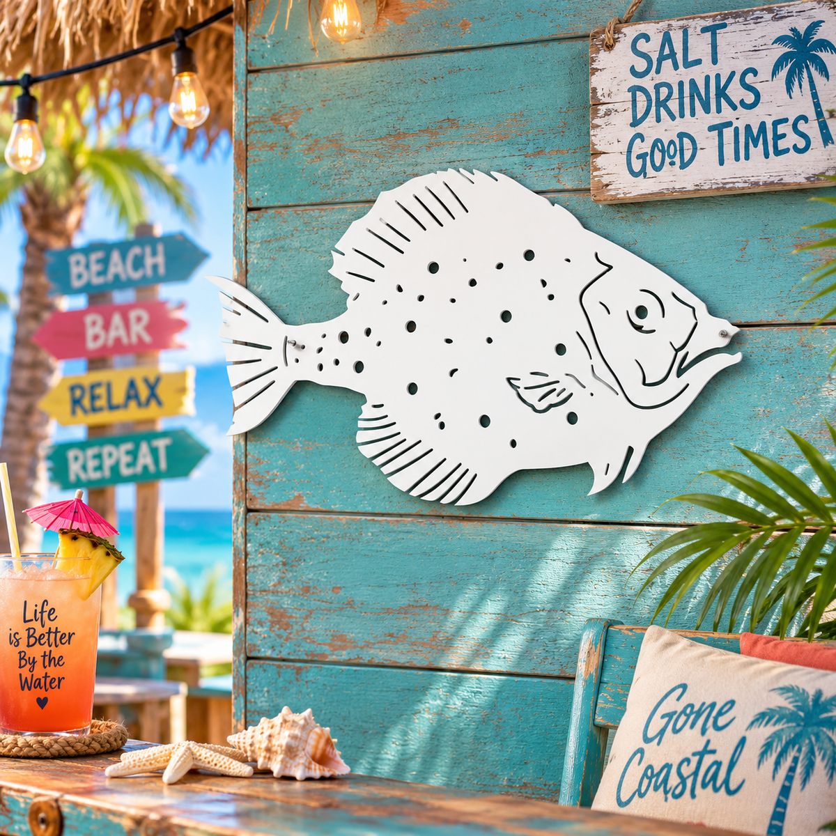 Flounder Fish Wall Decor: Weather-Resistant Coastal Sign, Indoor Outdoor